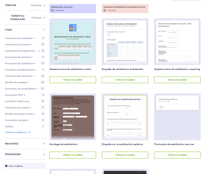 Capture d'écran d'une page de la galerie de modèles Jotform répertoriant divers modèles d'enquêtes de satisfaction client