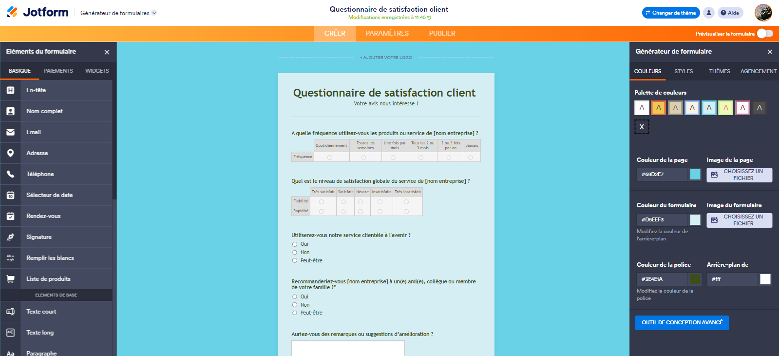 Capture d'écran qui montre l'interface du Générateur de formulaires Jotform où un Questionnaire de satisfaction client est en cours de création