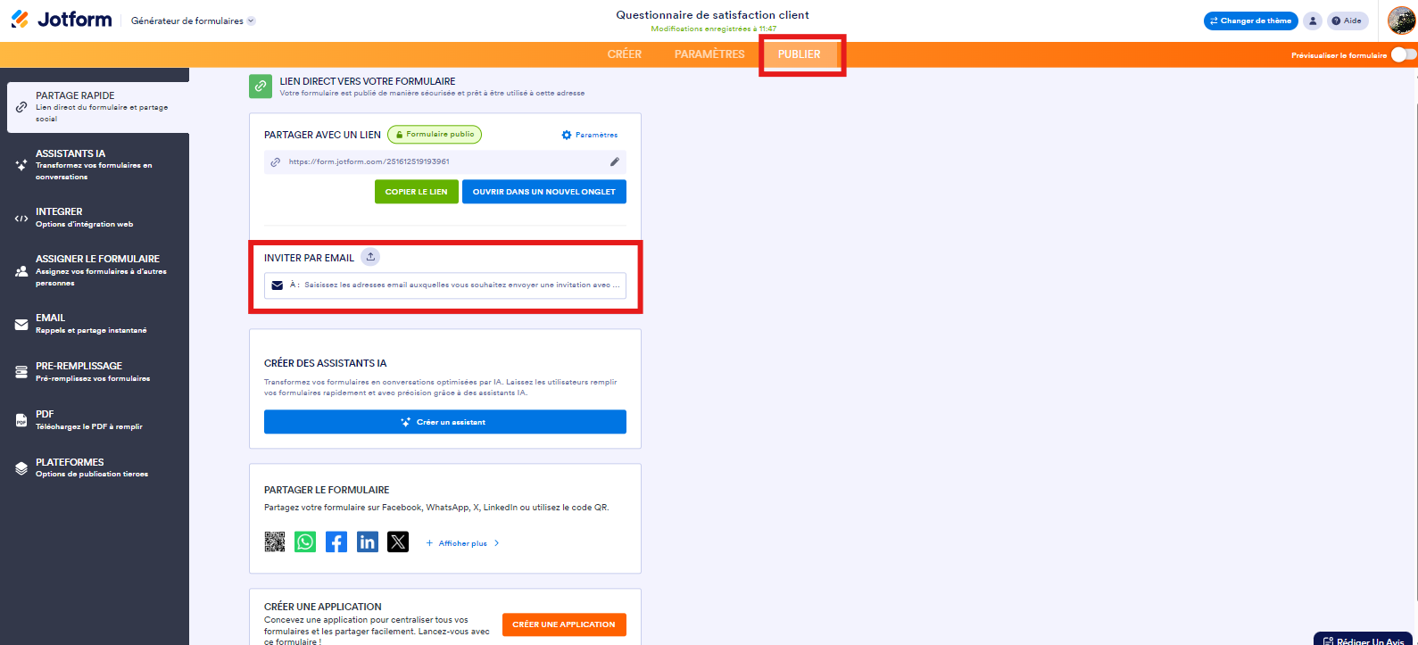 Capture d'écran montrant les options de l'onglet Publier dans le Générateur de formulaires Jotform, avec des fonctionnalités pour partager le formulaire