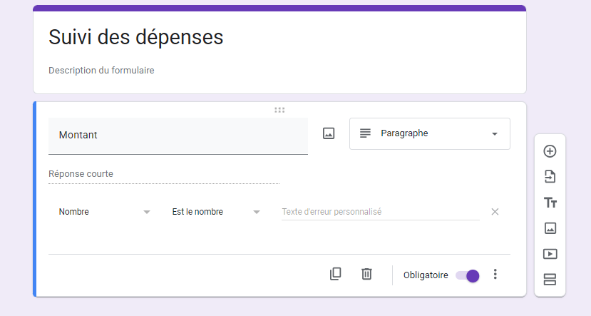 Capture d'écran d'un formulaire Google vierge intitulé « Suivi des dépenses » avec une question du type Paragraphe