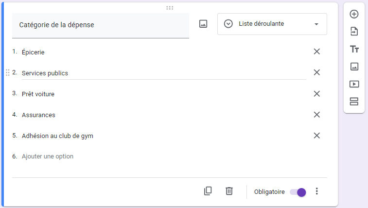 Capture d'écran d'une question à choix multiples formatée en Liste déroulante avec des options de réponse personnalisées