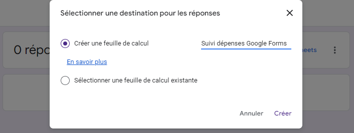 Capture d'écran de la fenêtre contextuelle « Sélectionner une destination pour les réponses » dans laquelle les utilisateurs peuvent créer et nommer une nouvelle feuille de calcul dans laquelle les réponses du formulaire seront enregistrées