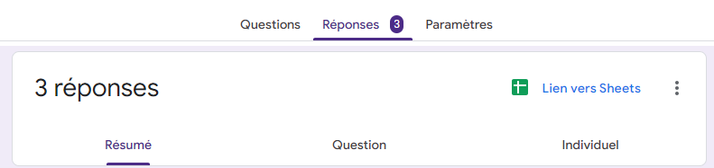 Capture d'écran de la page Réponses d'un formulaire Google Forms