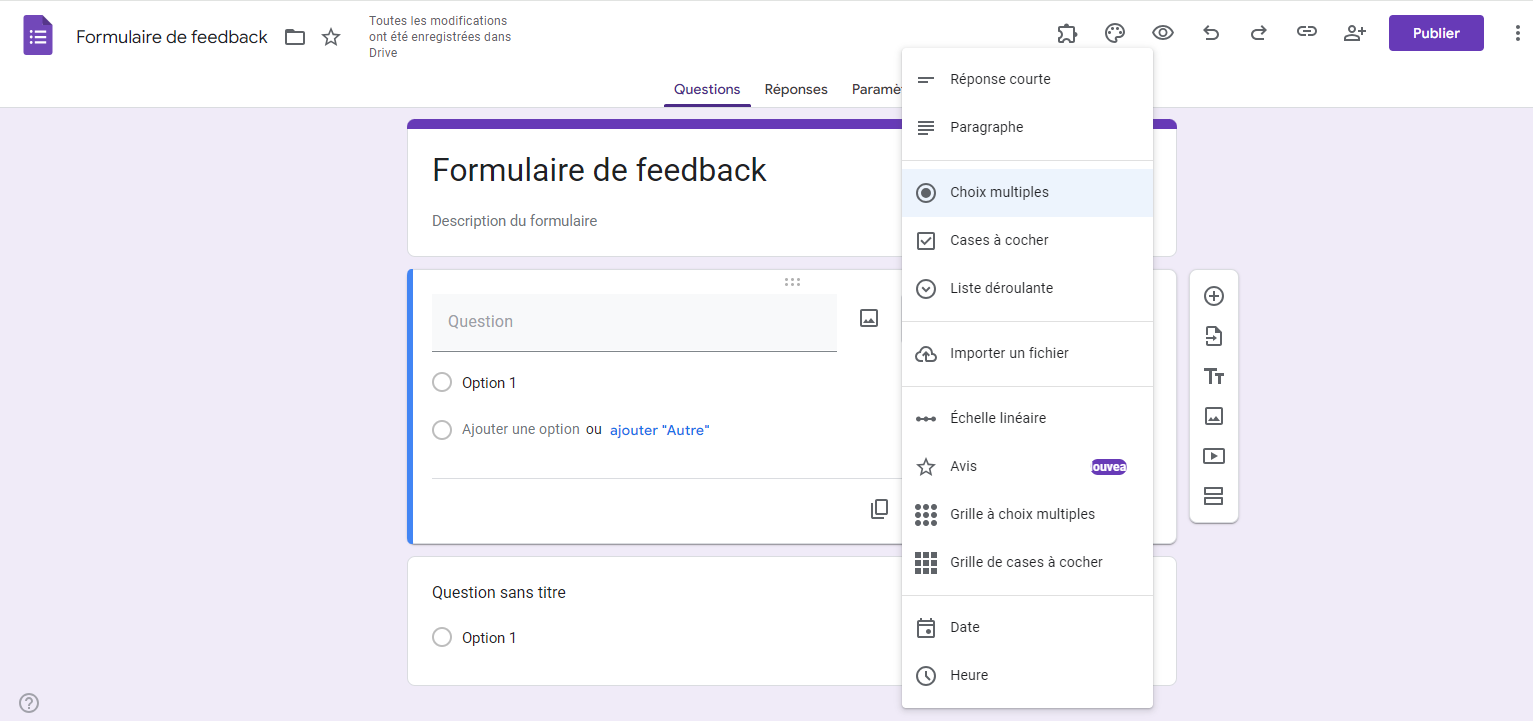 Capture d'écran de la liste déroulante des types de questions de Google Forms