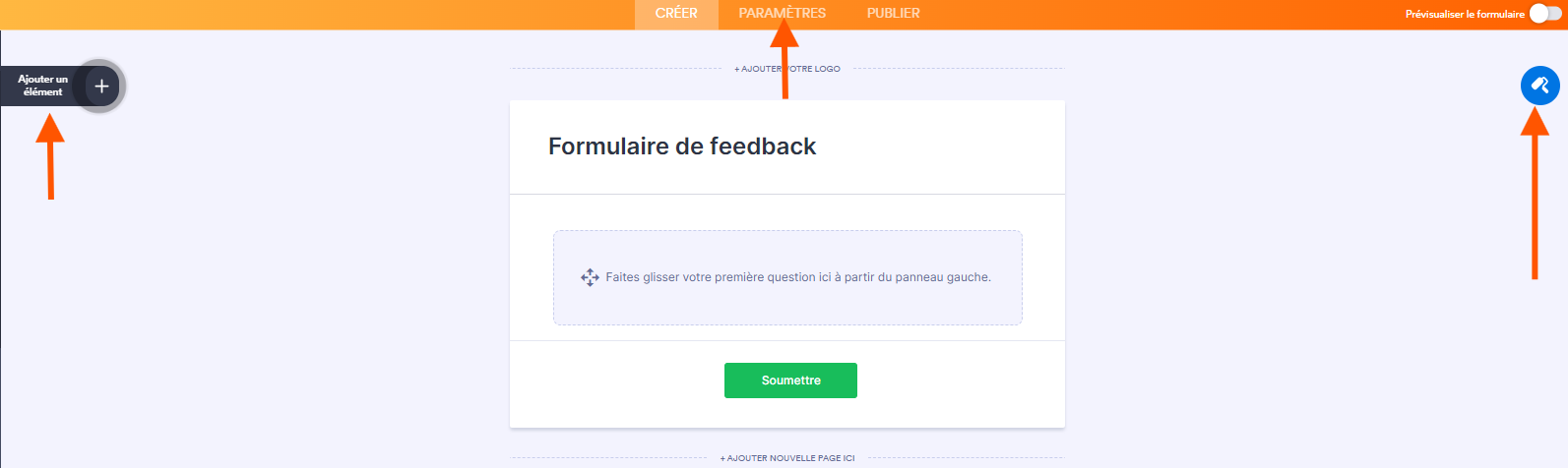 Capture d'écran du Générateur de formulaires Jotform avec trois flèches pointant vers le bouton Ajouter un élément, le bouton Générateur de formulaire et l'onglet Paramètres
