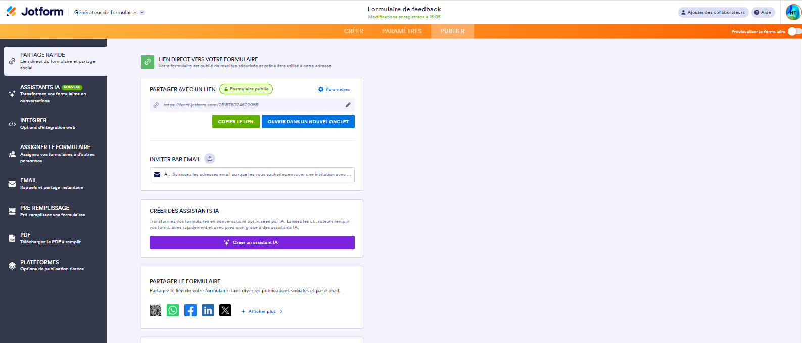 Capture d'écran des options de partage et de publication des formulaires Jotform