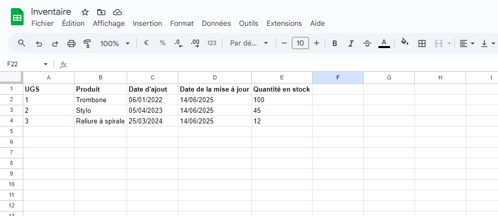 Capture d'écran d'une feuille de calcul Google avec des informations d'inventaire