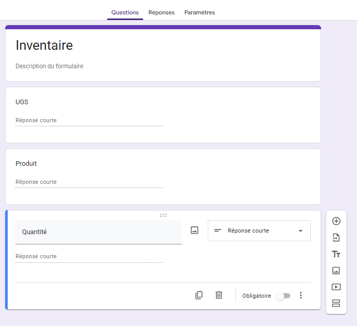 Capture d'écran du formulaire d'inventaire sur Google Forms avec les questions : UGS, Produit et Quantité