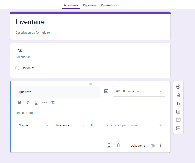 Capture d'écran du paramètres Validation de réponse pour la question Quantité sur Google Forms
