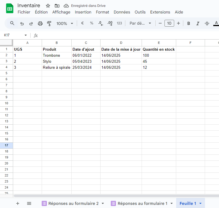 Capture d'écran du nouvel onglet de réponse sur la feuille de calcul Google d'inventaire