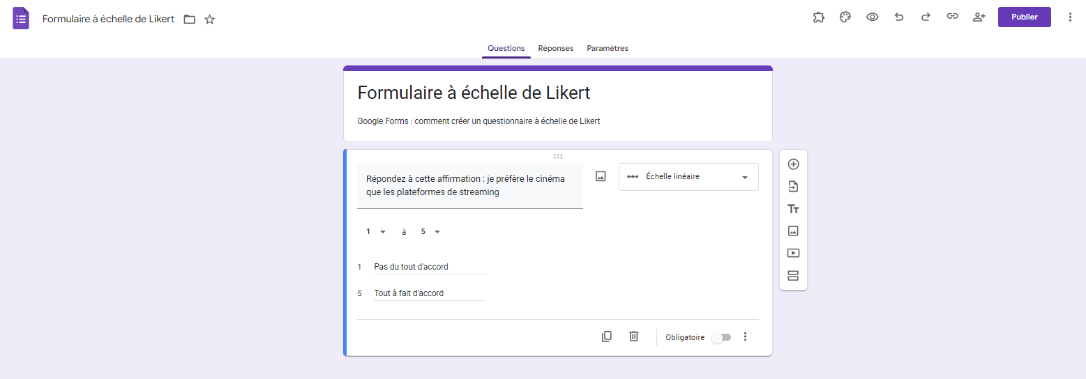 Question à Échelle linéaire dans Google Forms