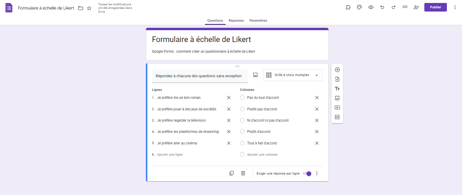 Exemple de question en Grille à choix multiples dans Google Forms