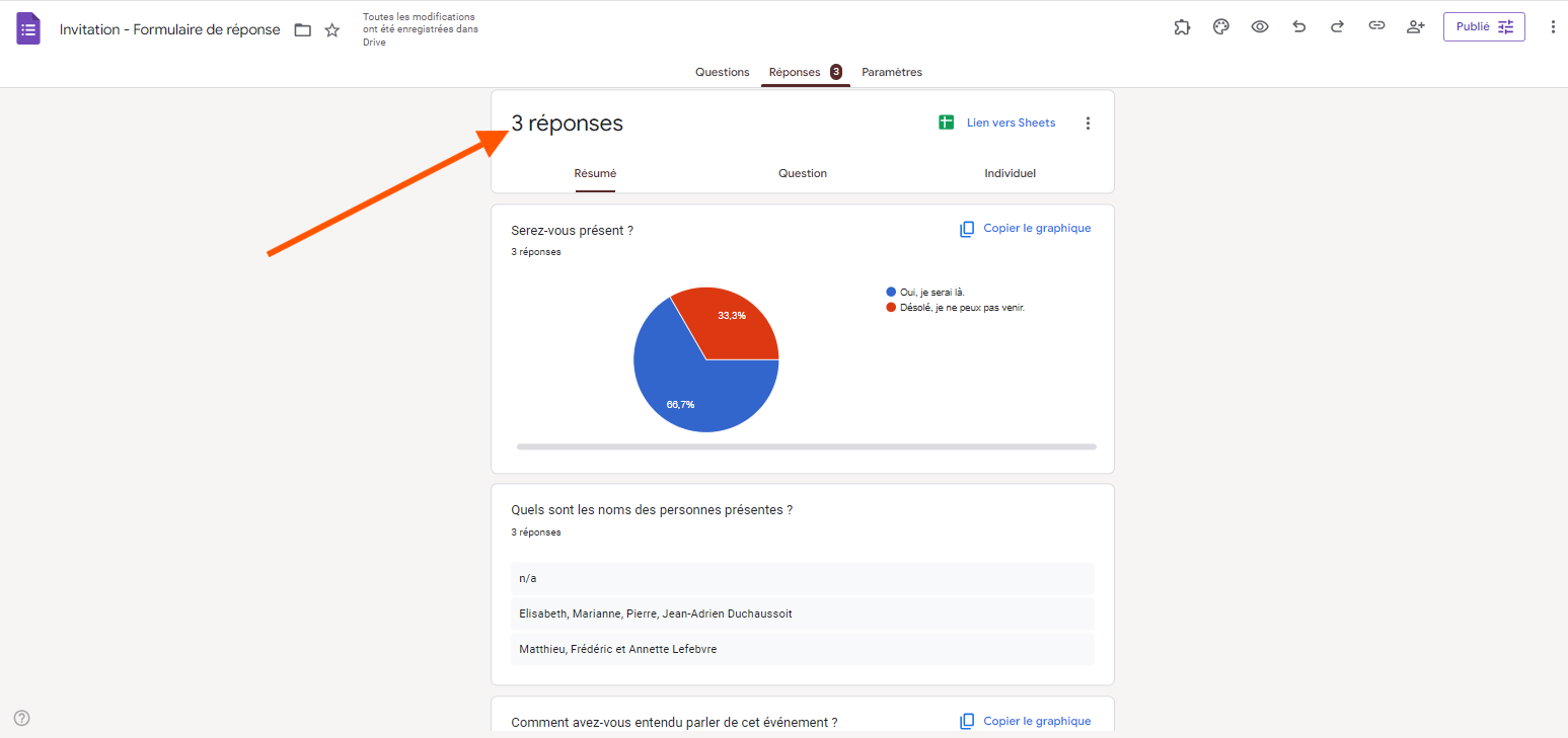 Capture d'écran de l'onglet Réponses dans Google Forms