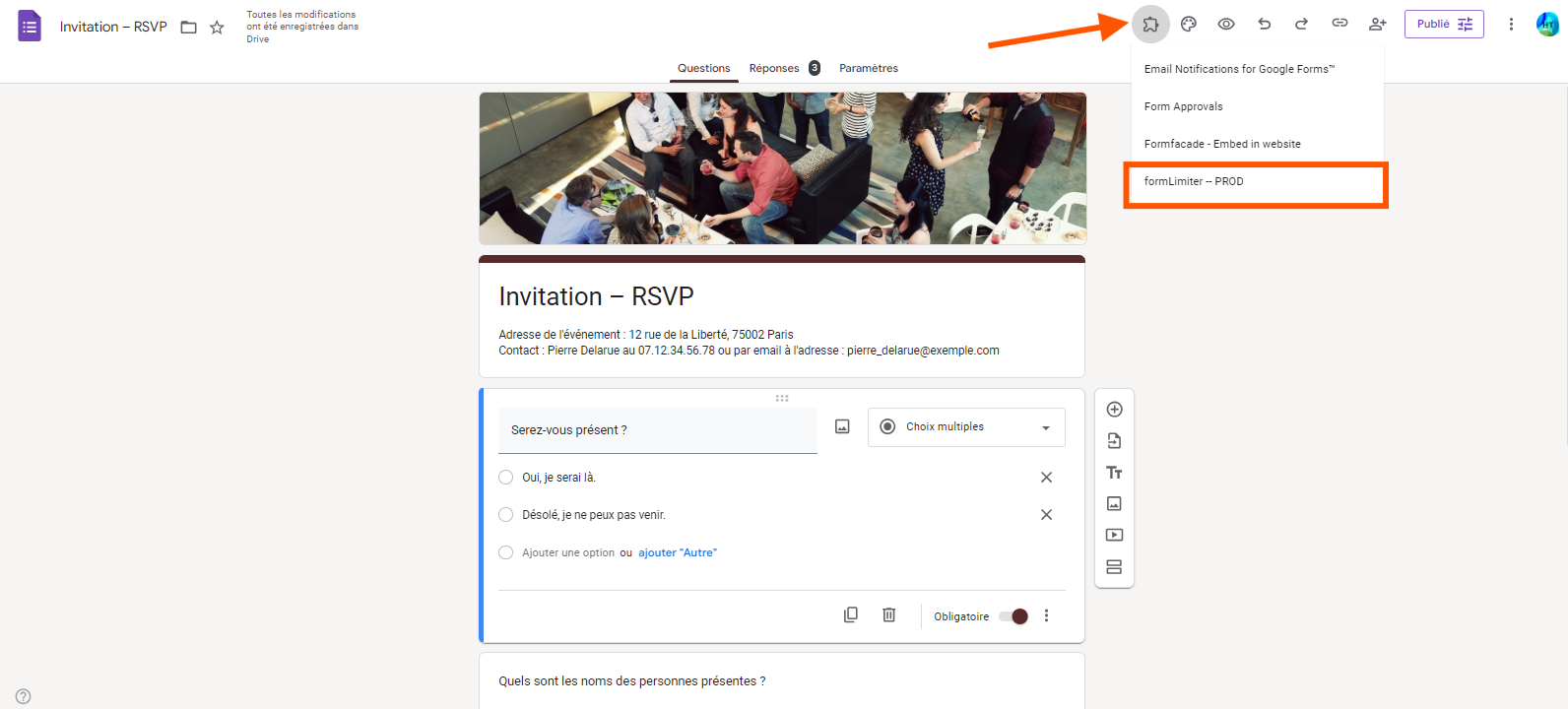 Capture d'écran de Google Forms avec l'icône des modules complémentaires sélectionnée et formLimiter mis en évidence