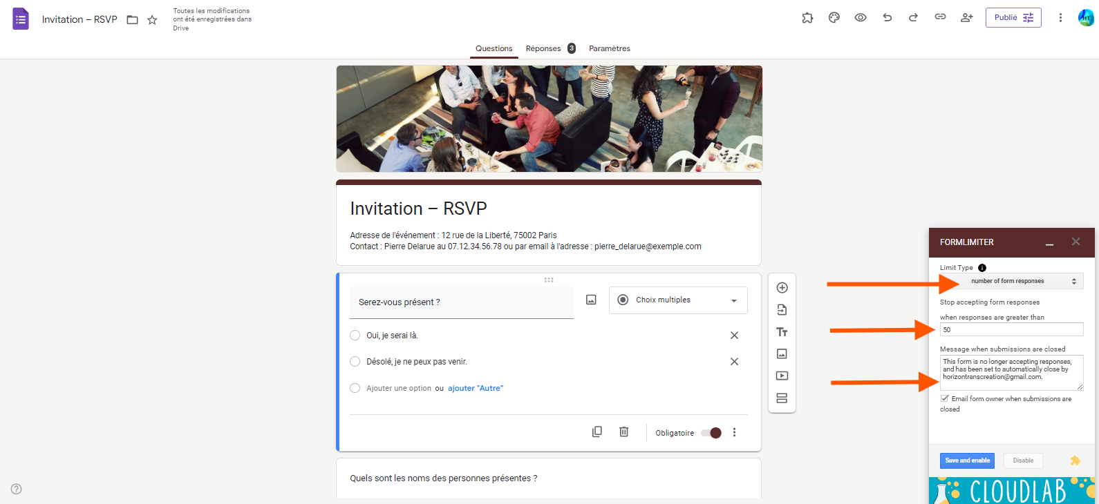 Capture d'écran d'un formulaire Google avec les options du module complémentaire Formlimiter affichées
