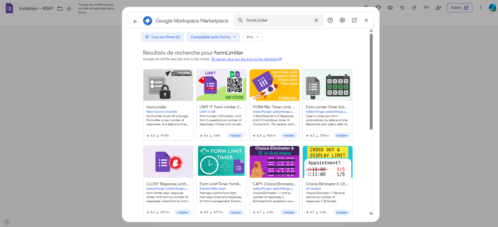 Capture d'écran de la page des résultats de recherche pour formlimiter dans Google Workspace Marketplace