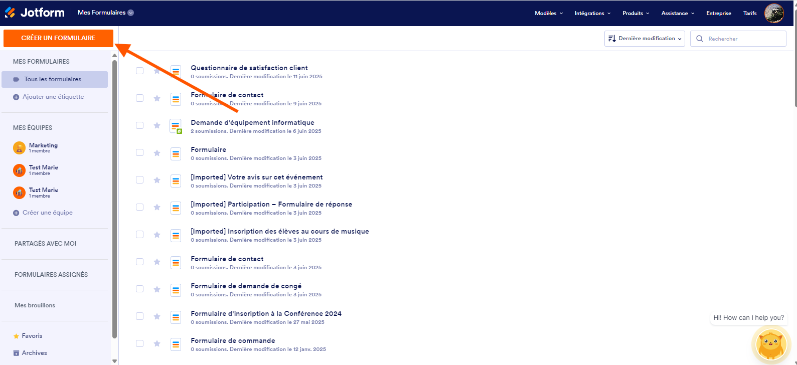 Capture d'écran de la page Mes Formulaires dans Jotform, avec une flèche pointant vers le bouton Créer un formulaire