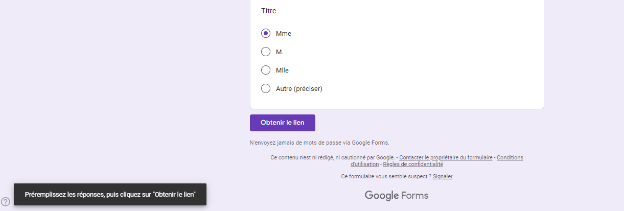 Capture d'écran d'une question Titre avec « Mme » prérempli et le bouton Obtenir le lien dans Google Forms