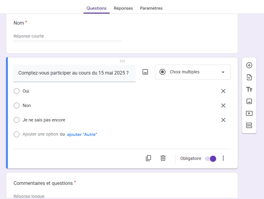capture d'écran du formulaire Google de Julie avec la question sur l’intérêt transformée en une question d’engagement, demandant aux personnes si elles souhaitaient effectivement participer