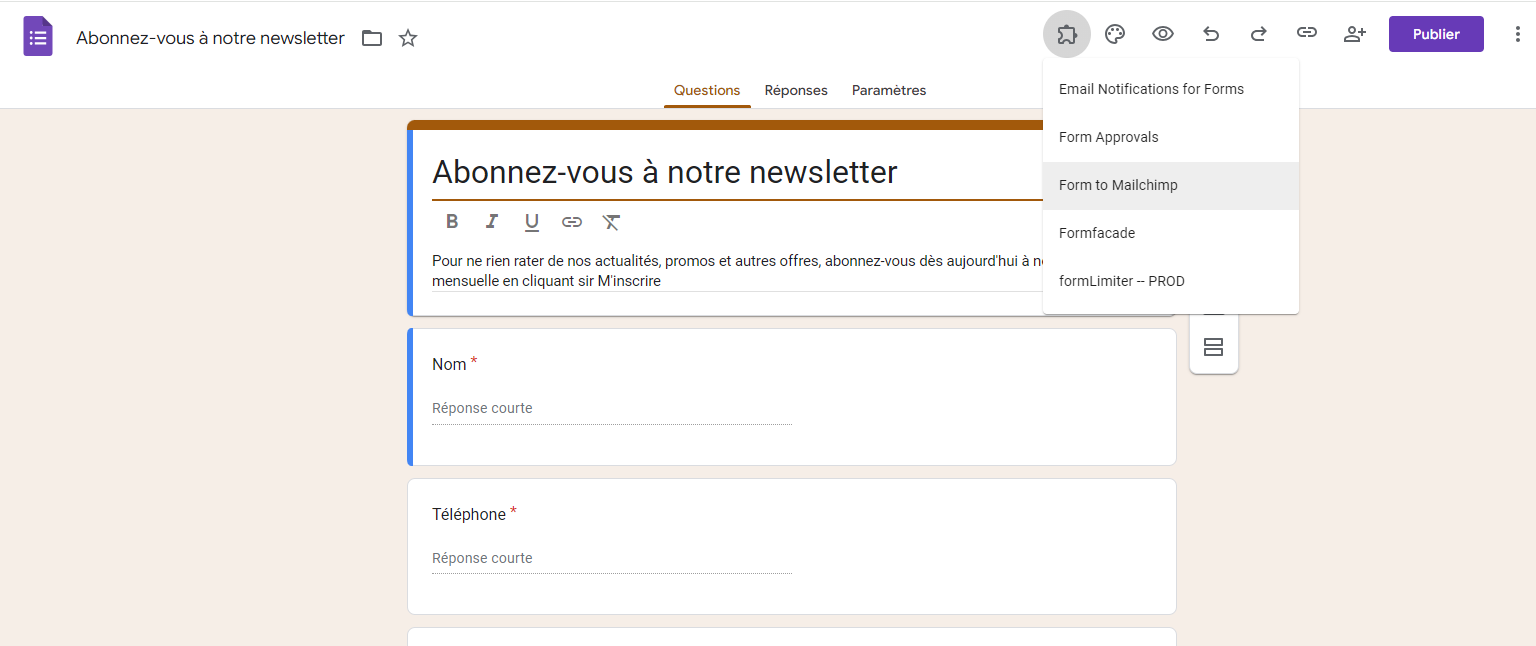 Option Form to Mailchimp dans le menu des Modules complémentaires dans Google Forms
