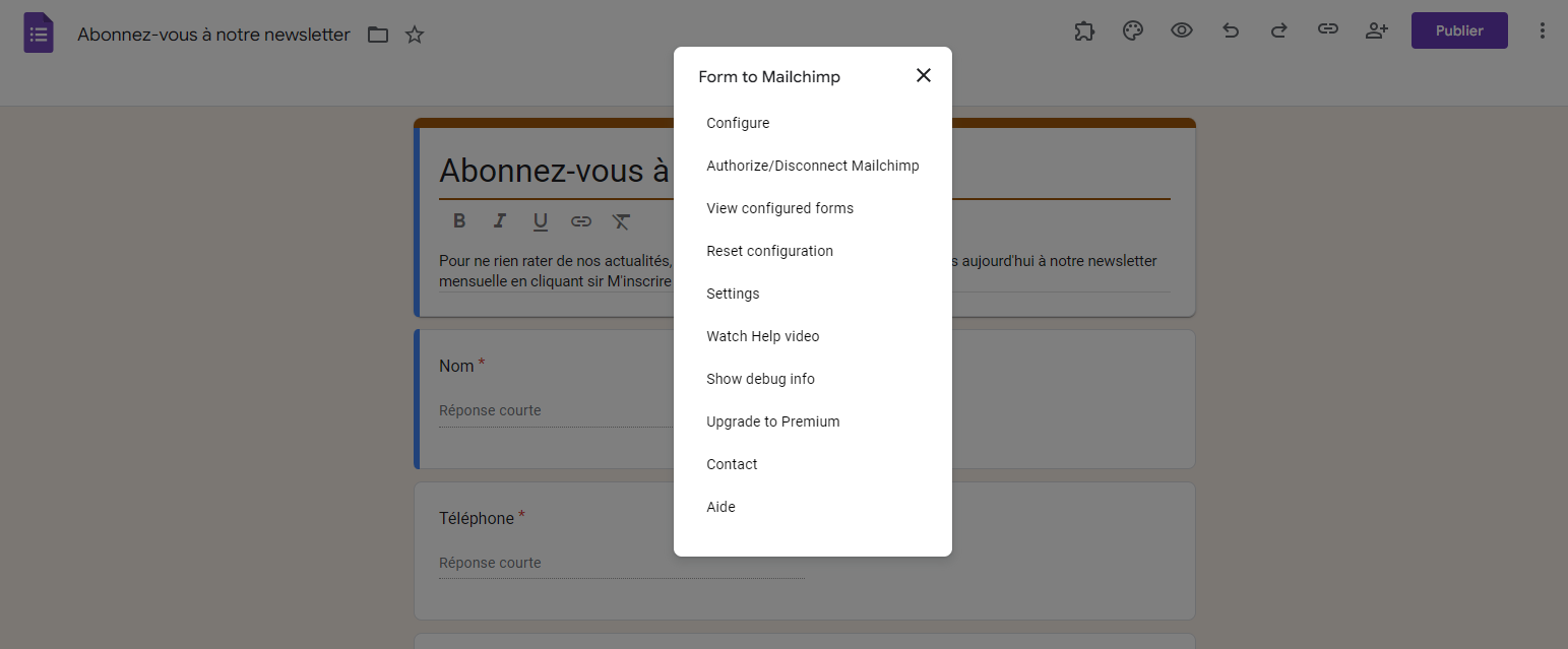 Option Configure du module complémentaire Form to Mailchimp