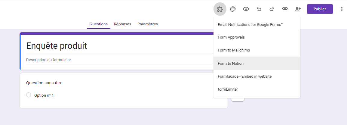Capture d'écran montrant l'option Form to Notion sur Google Forms