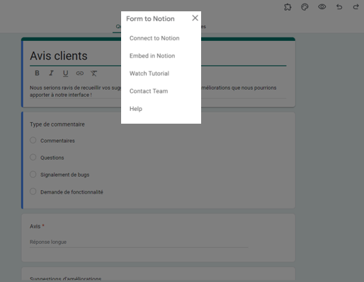 Capture d'écran d'un formulaire Google montrant l'option Form to Notion et les sous-catégories