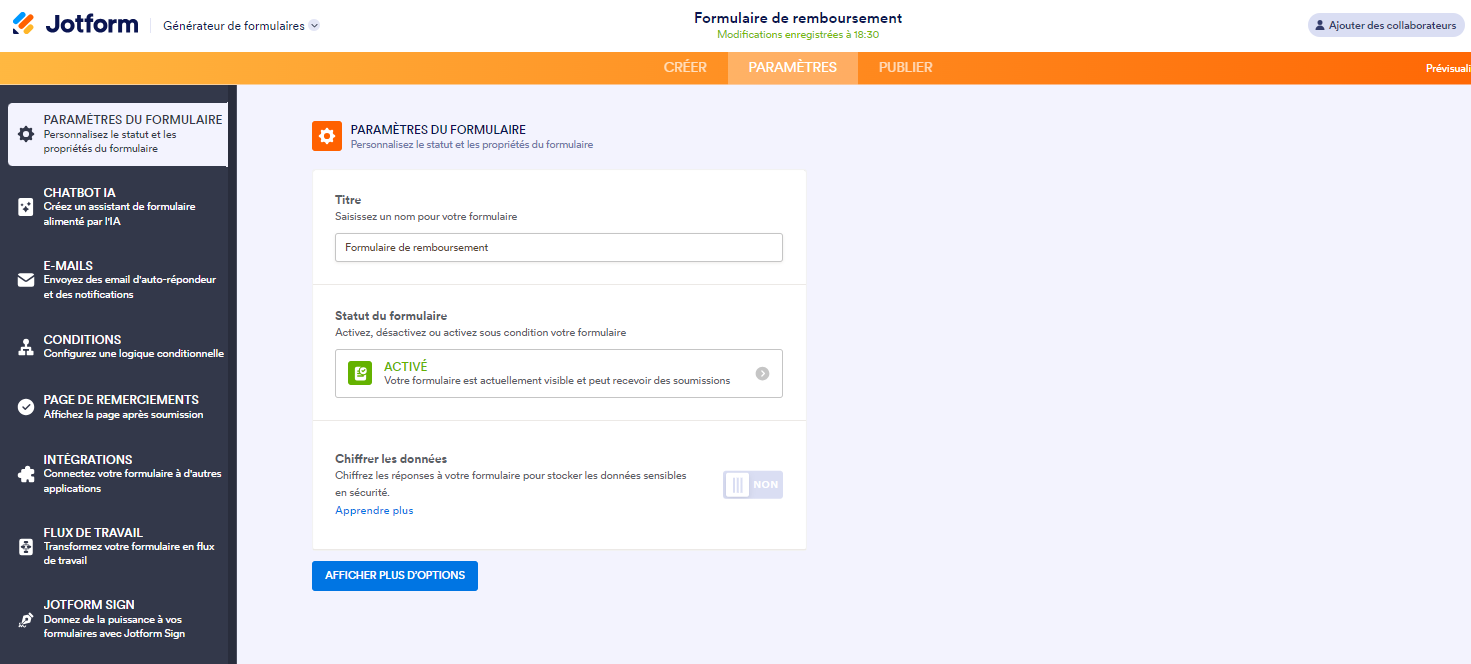 Capture d'écran de la page des paramètres du Générateur de formulaires Jotform