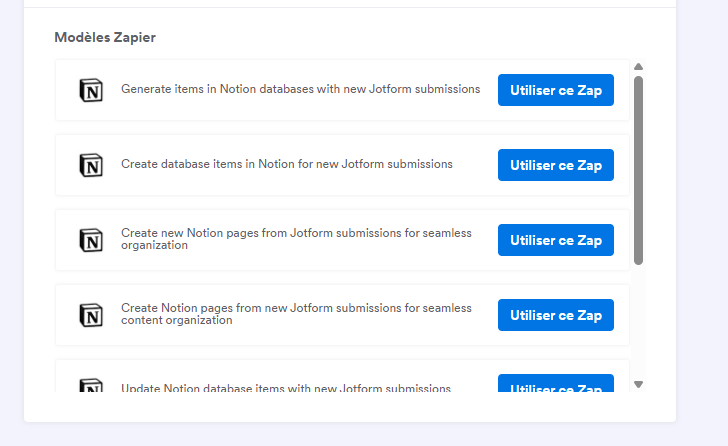 Capture d'écran de plusieurs modèles Zapier pouvant être utilisés dans Notion