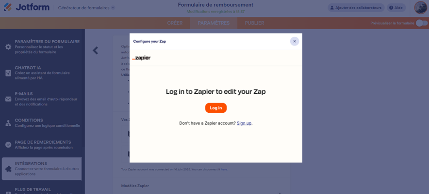 Capture d'écran d'une fenêtre contextuelle de connexion Zapier