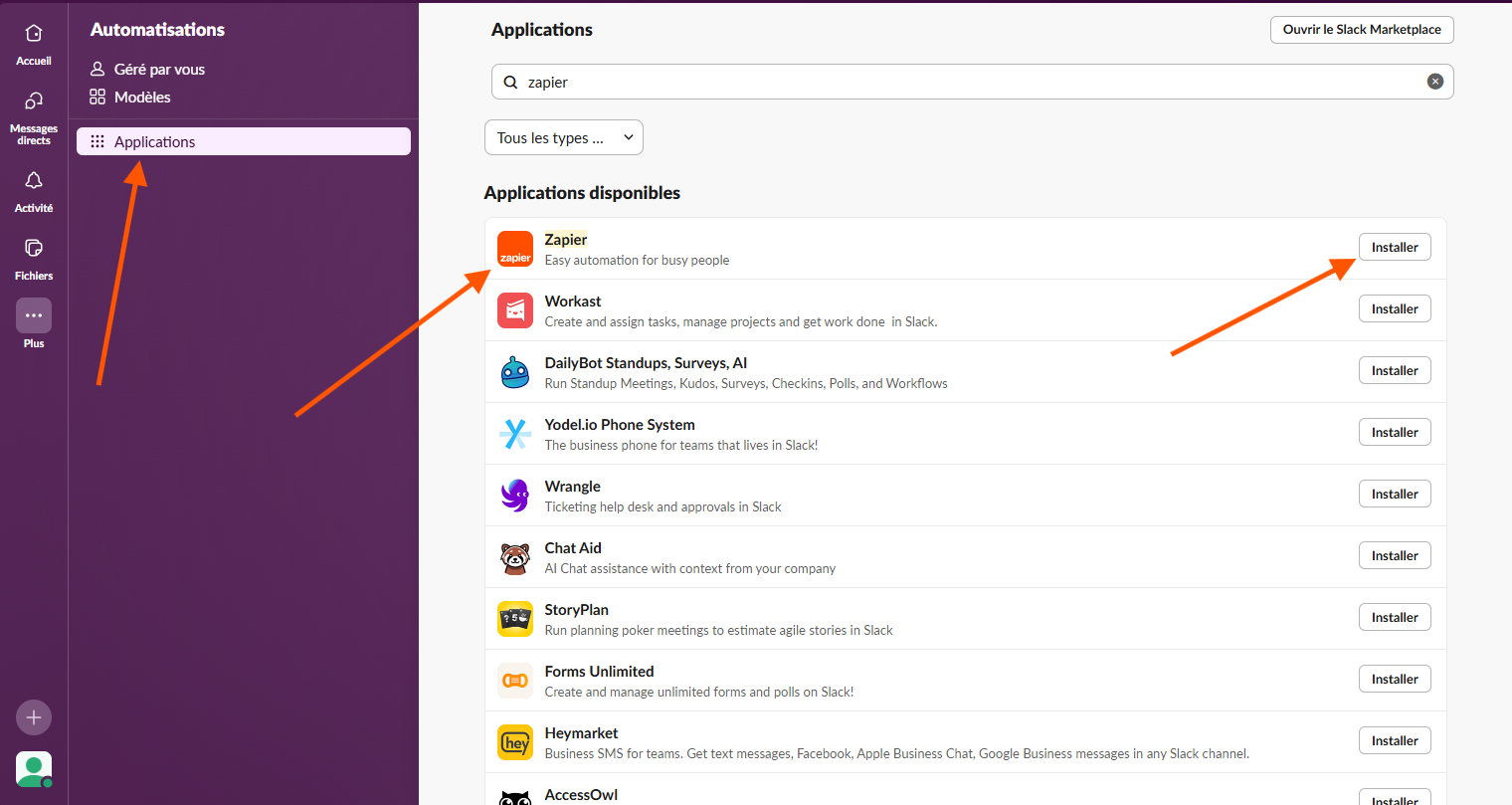 Capture d'écran de la page Applications de Slack avec des flèches pointant vers le bouton Applications, Zapier saisi dans la barre de recherche et le bouton Installer