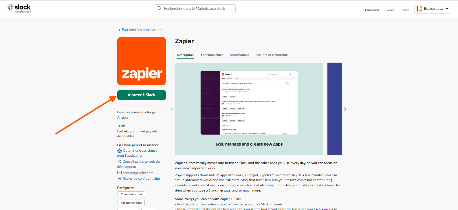 Capture d'écran de la page de l'application Zapier de Slack avec une flèche pointant vers le bouton Ajouter à Slack