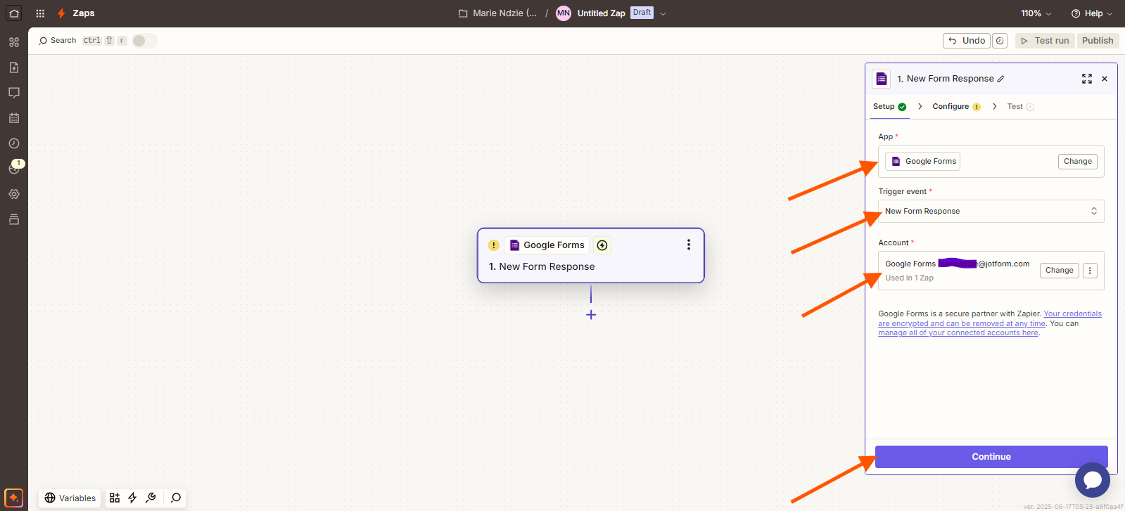 Capture d'écran d'un Zap Zapier, avec des flèches pointant vers les menus déroulants App, Trigger event et Account, ainsi que le bouton Continue