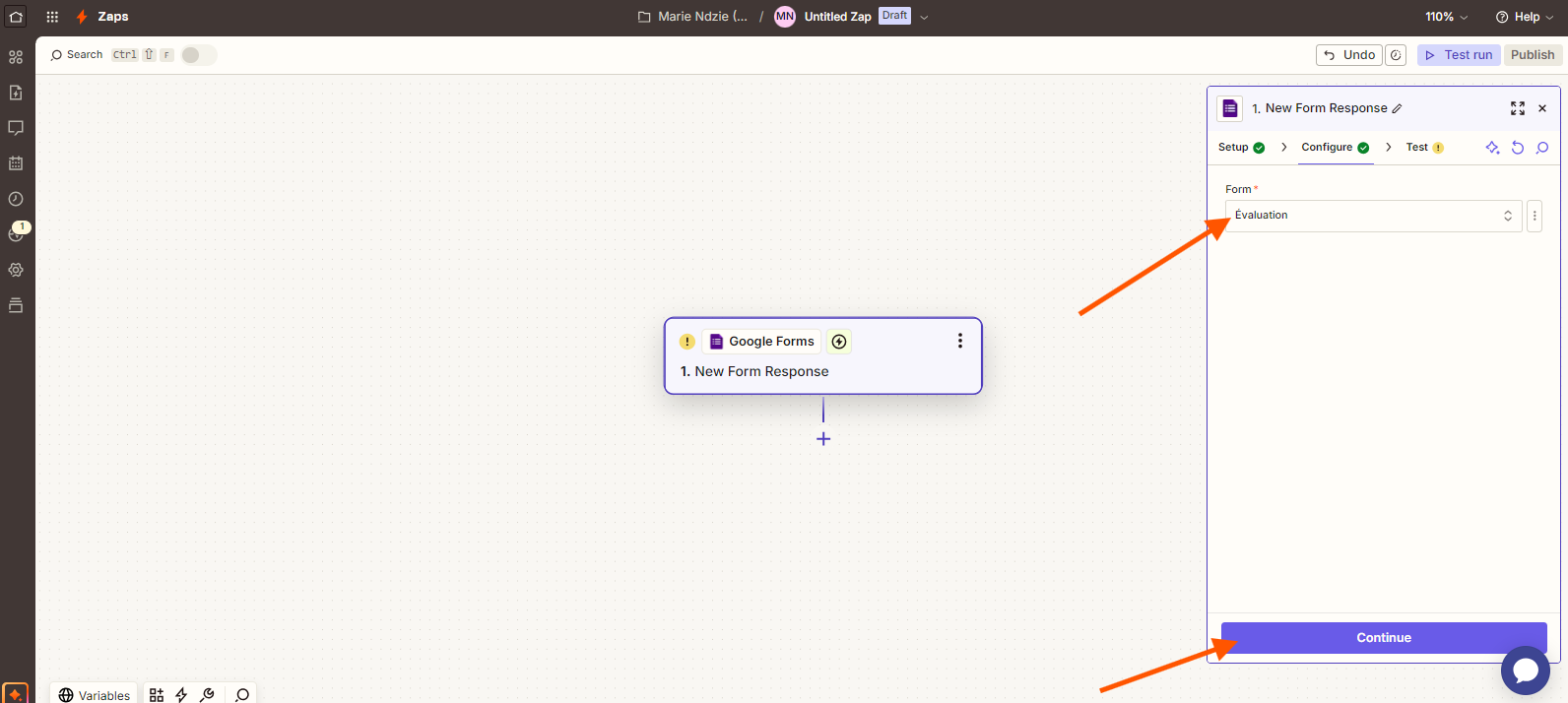 Capture d'écran d'un Zap Zapier avec une flèche pointant vers le menu déroulant Form et le bouton Continue