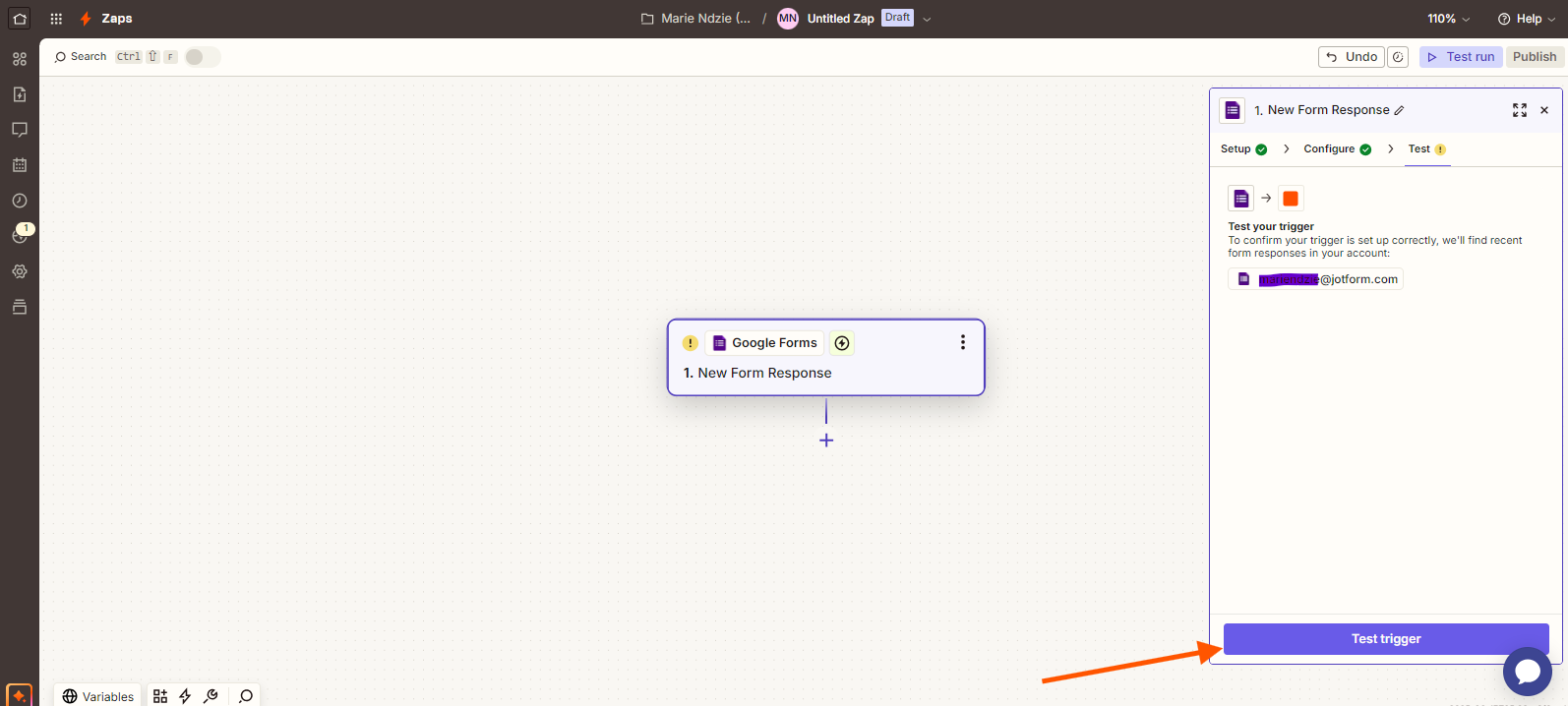 Capture d'écran d'un Zap Zapier avec une flèche pointant vers le bouton Test trigger