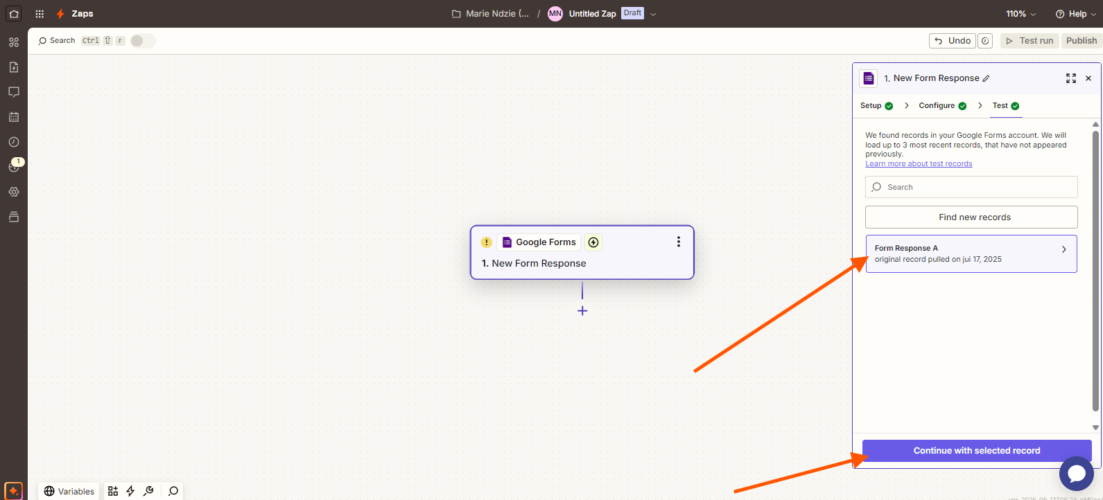 Capture d'écran d'un Zap Zapier avec des flèches pointant vers une réponse de formulaire sélectionnée et le bouton Continue with selected record