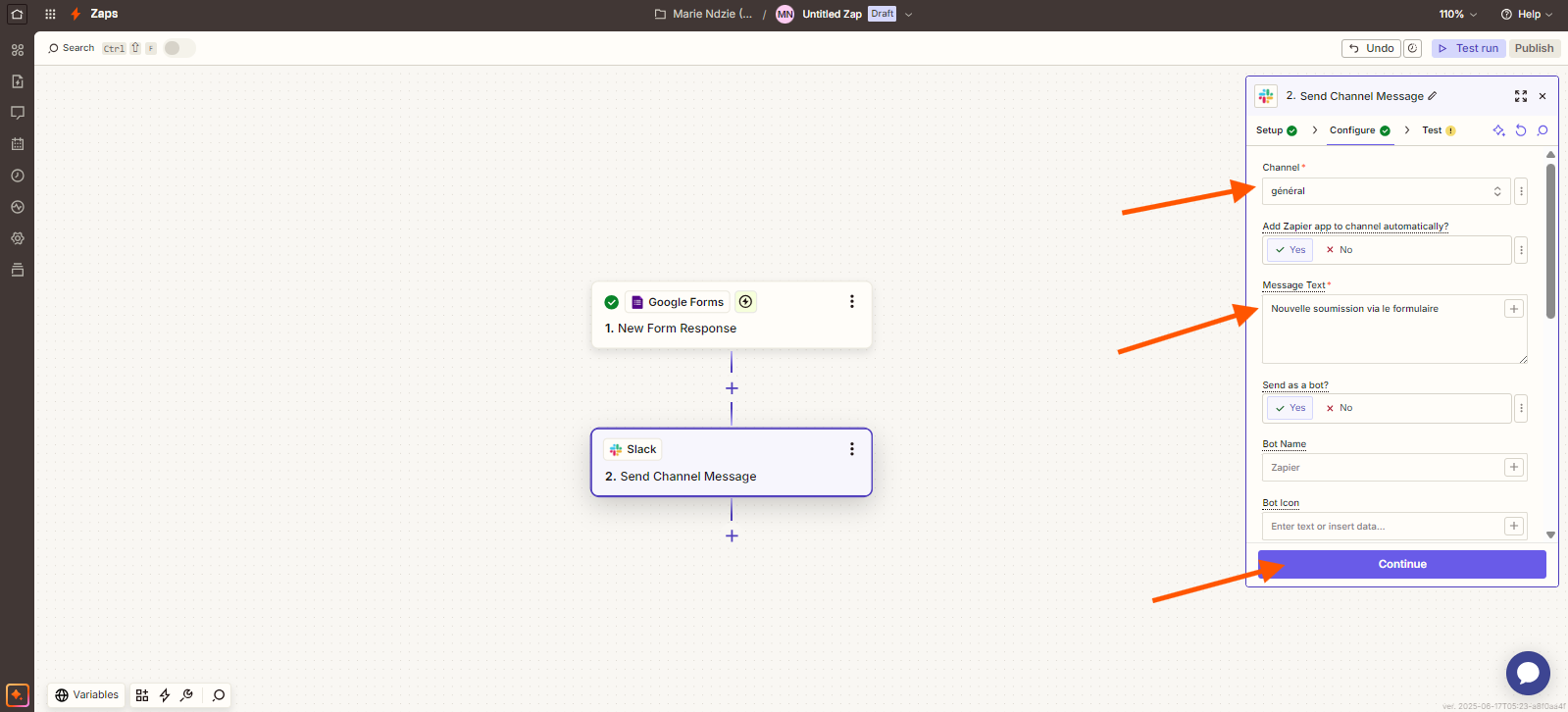 Capture d'écran d'un Zap Zapier avec des flèches pointant vers les champs de configuration et le bouton Continue
