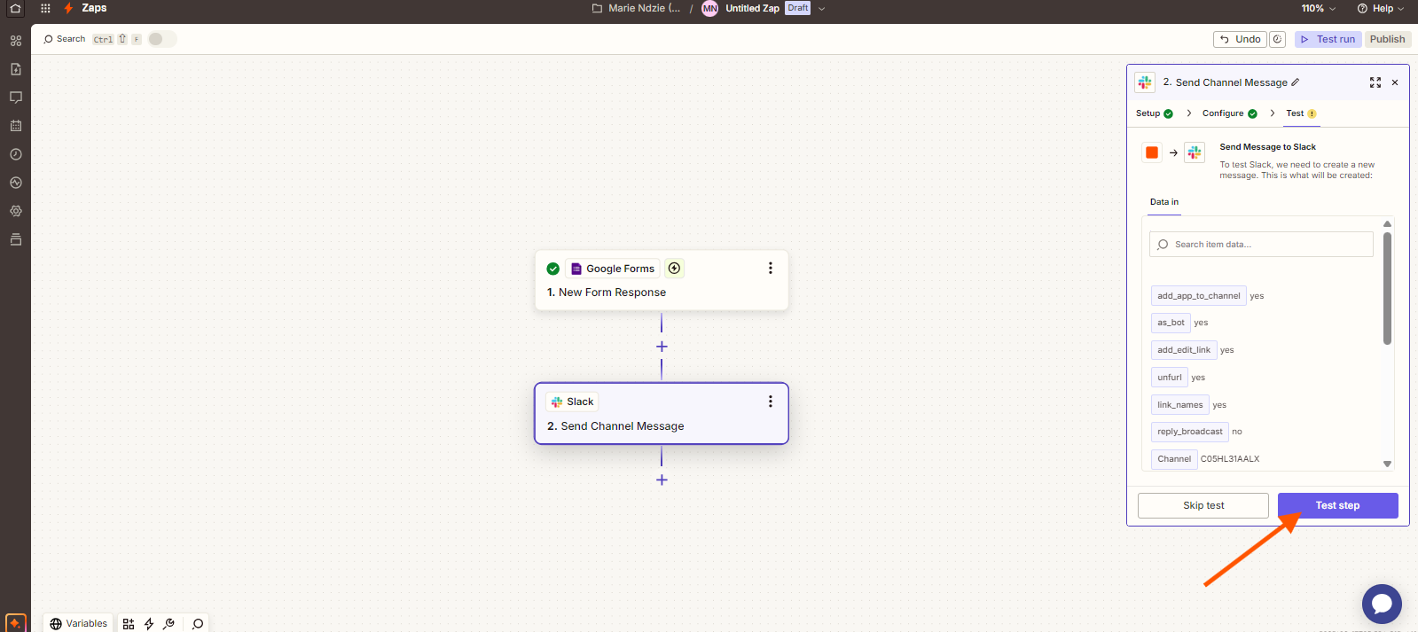 Capture d'écran d'un Zap Zapier avec une flèche pointant vers le bouton Test step