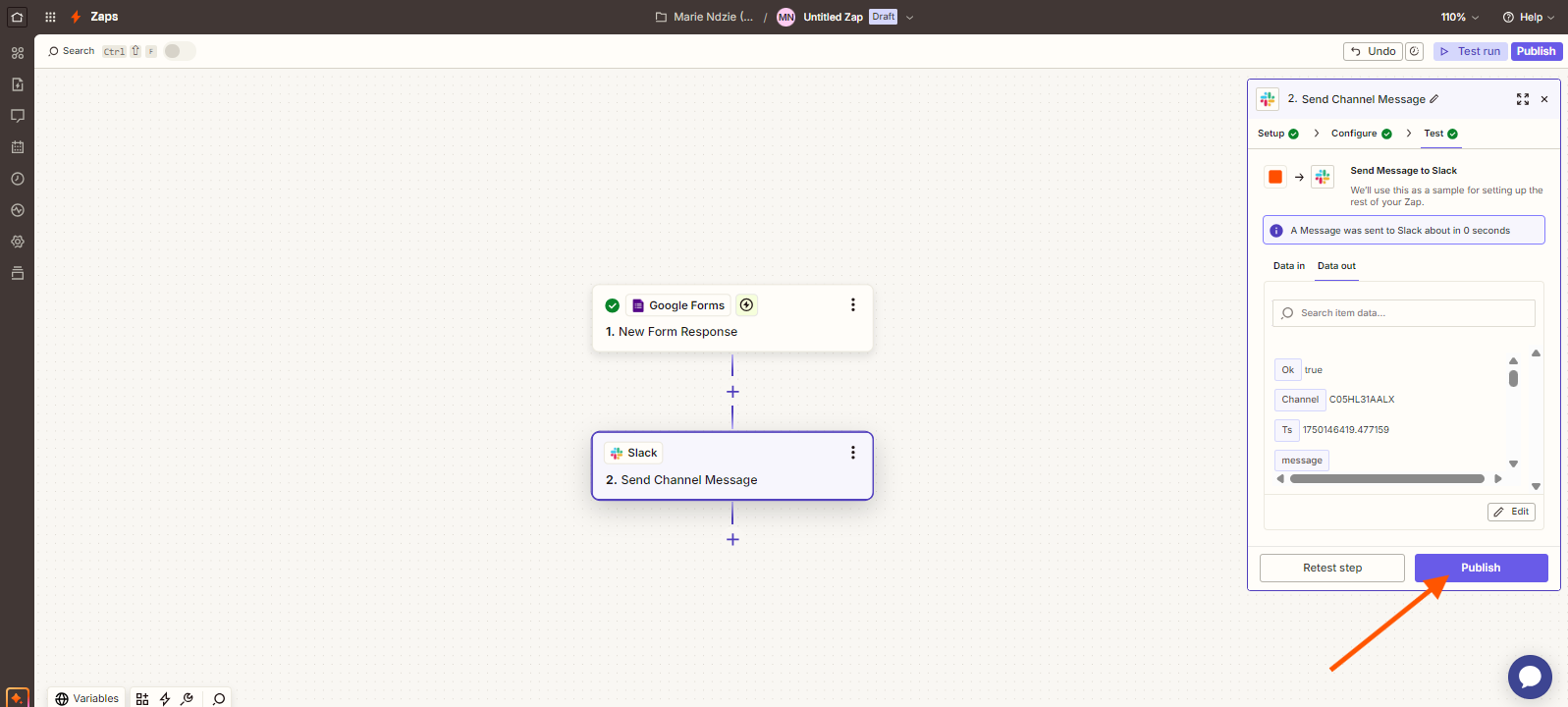 Capture d'écran d'un Zap Zapier avec une flèche pointant vers le bouton Publish