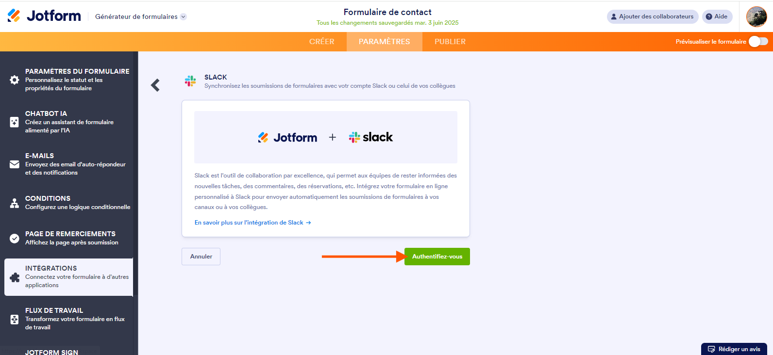 Capture d'écran de l'intégration Slack dans Jotform, avec une flèche pointant vers le bouton Authentifiez-vous