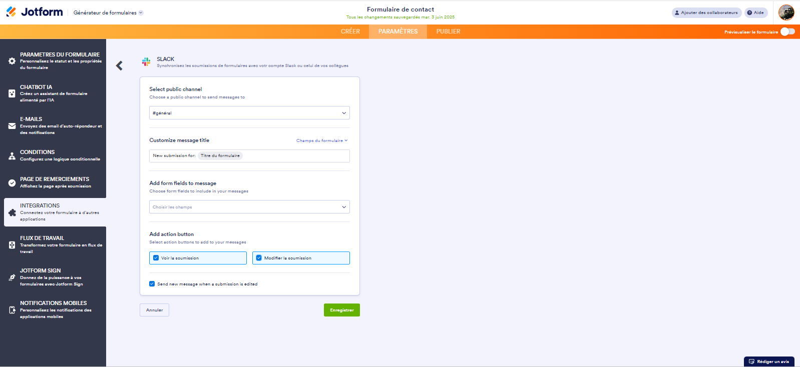 Capture d'écran des paramètres d'action de l'intégration Slack dans Jotform pour l'option canal public