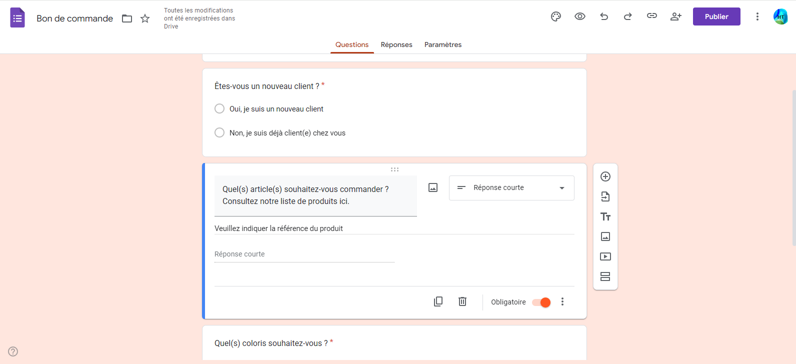 Capture d'écran d'un formulaire de commande dans le Générateur de formulaire de Google Forms