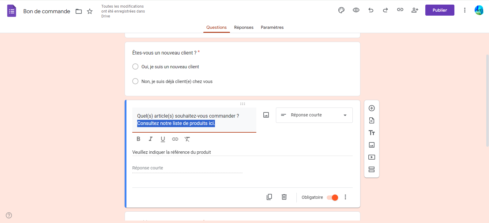 Capture d'écran d'un formulaire de commande dans le Générateur de formulaires Google Forms