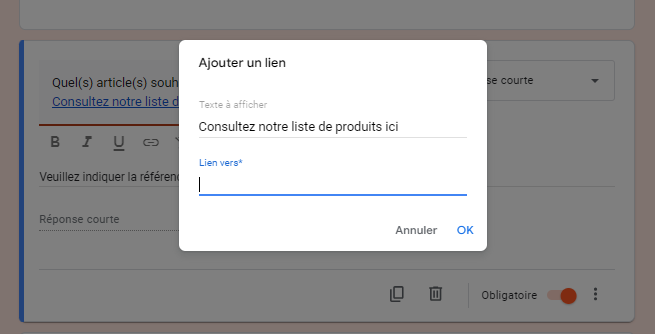 Capture d'écran du menu des paramètres Ajouter un lien