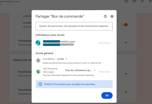 Capture d'écran de la fenêtre contextuelle Publier du formulaire en ligne avec les options d'envoi par email affichées