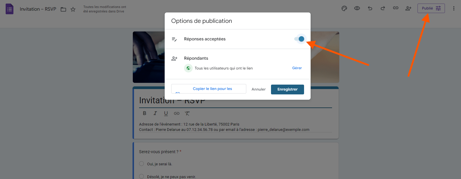 Désactivation du bouton Réponses acceptées après avoir cliqué sur Publier dans Google Forms
