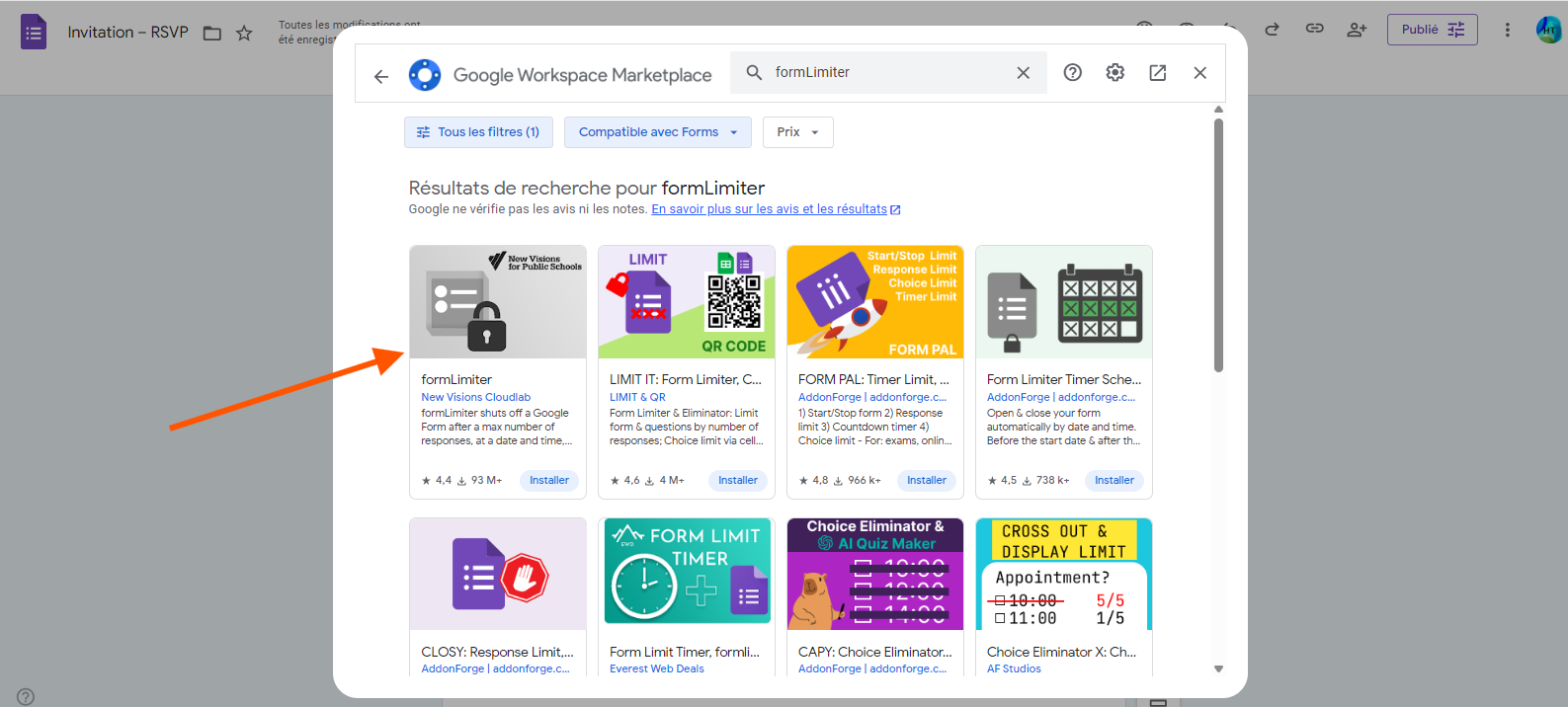 Sélection de formLimiter sur Google Workspace Marketplace