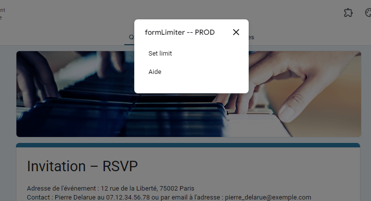 Capture d'écran pour cliquer sur l'option Set limit depuis le menu contextuel de formLimiter dans Google Forms