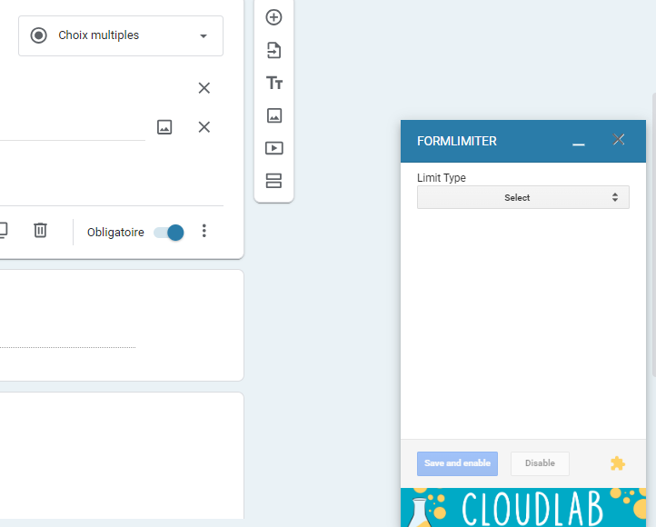 Fenêtre contextuelle formLimiter affichant le type de limite dans Google Forms