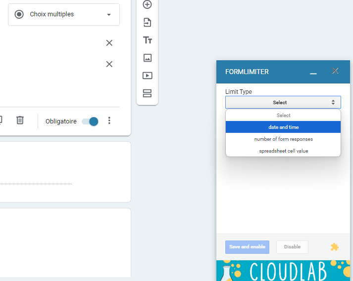 Sélection de l'option Date and time sous Limit Type dans la fenêtre contextuelle formLimiter